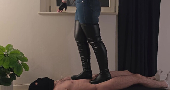 "TamyStarly" Shoe, Boots, Mistress, Stomping, Cbt, Trample, Standing, Domination, Fetish, Femdom, Crush, Body Trample, Jumping, Trampling, Walking, Riding Boots, Suggest TamyStarly Police Officer Friend Trampling Your Useless Body in Thigh High Leather Bo