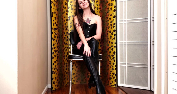 Katy Faery's sexy leather legs mesmerize you in femdom POV chastity training