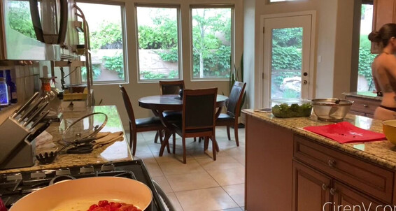 Ciren Verde cooks dinner while flashing her tits and flaunting her curves in Topless Kitchen