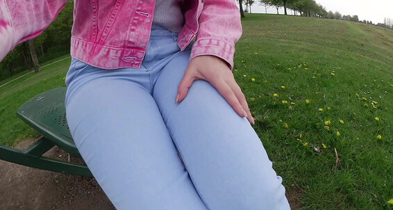 Faye Taylor wets herself in public with her own pee in denim jeans