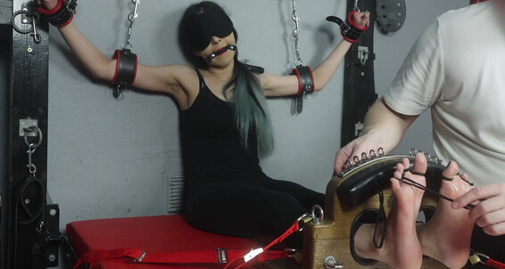 leather, tickled, foot tickling, classic tickling, dungeon, foot fetish, interrogate, blindfold, toe tied, tight restraints, ticklish, baby oil, bondage, gagged, immobile the uk ler interrogation tickling jezebel lee toetied in the stocks in a bdsm dungeo
