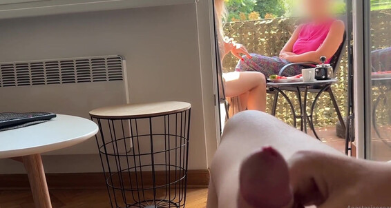 My Husband Is Jerking Off And Cum In Front Of My A While We Talk On Balcony